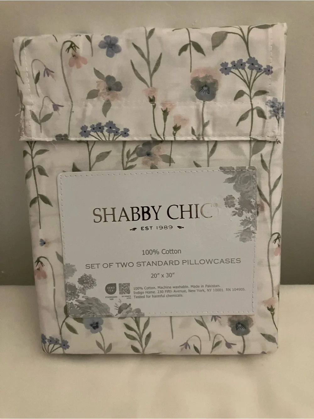 Shabby Chic Floral Cotton Pillowcases - White with Blue & Green Floral Print